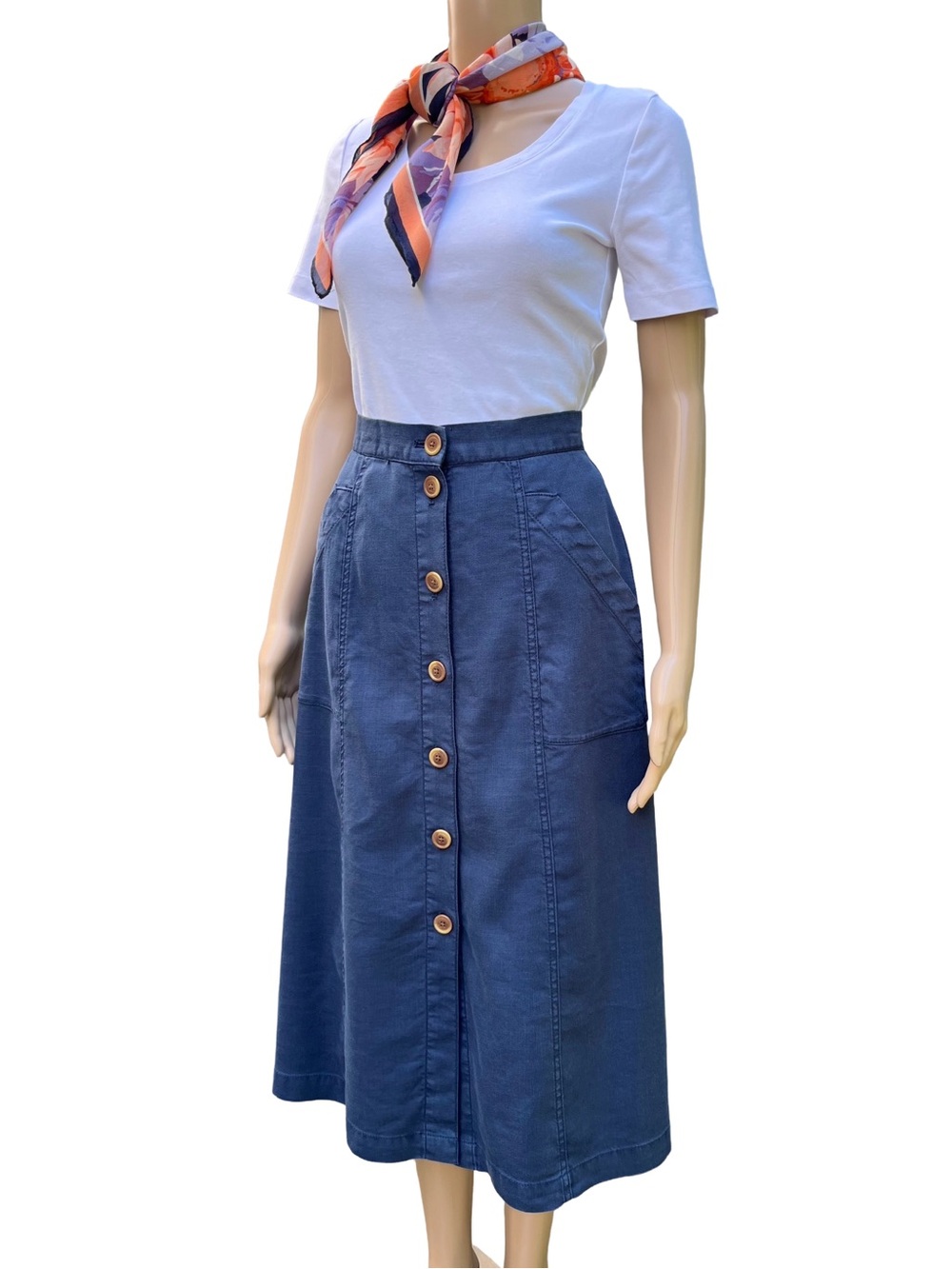 Anthropologie Blue Button Front Linen Midi Skirt 4
